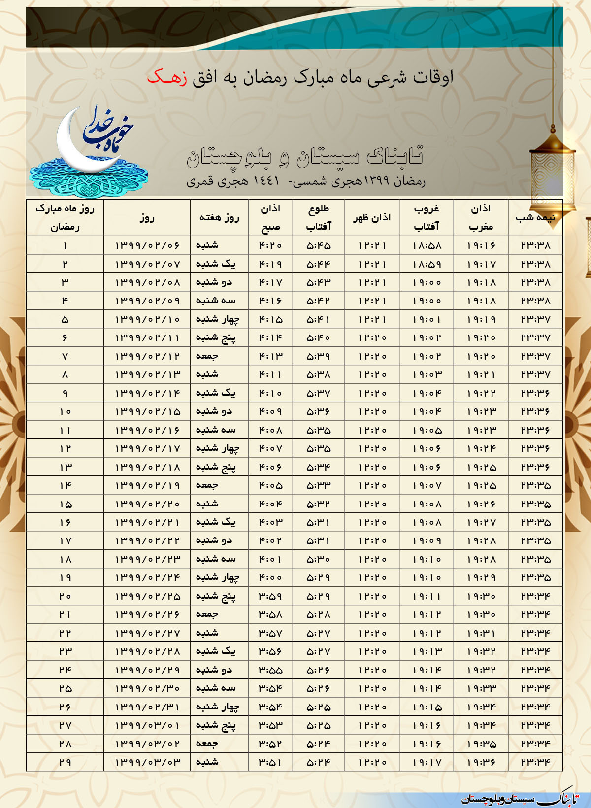 اوقات شرعی ماه مبارک رمضان 1398 به وقت شهرستان های استان سیستان و بلوچستان