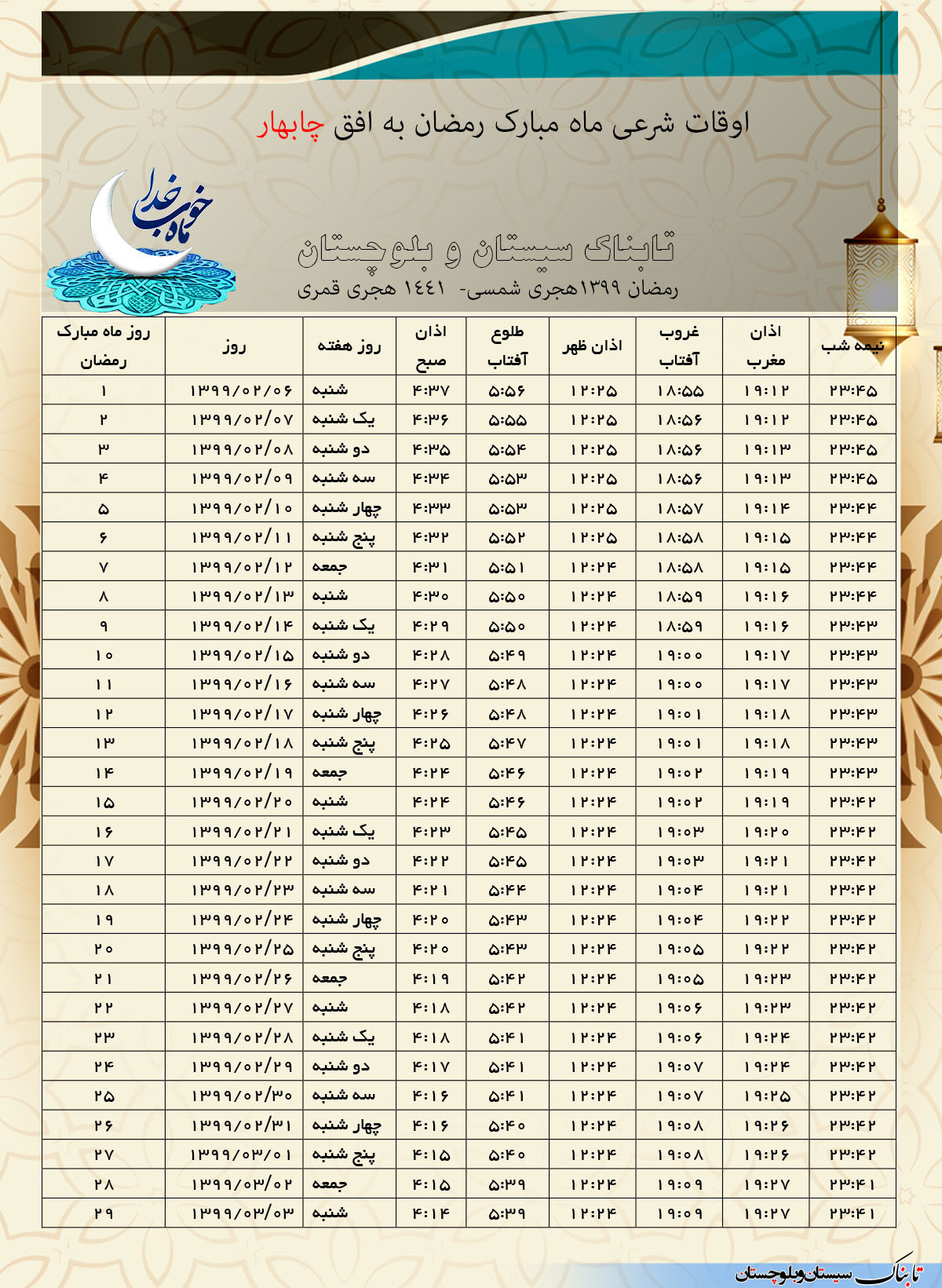 اوقات شرعی ماه مبارک رمضان 1398 به وقت شهرستان های استان سیستان و بلوچستان