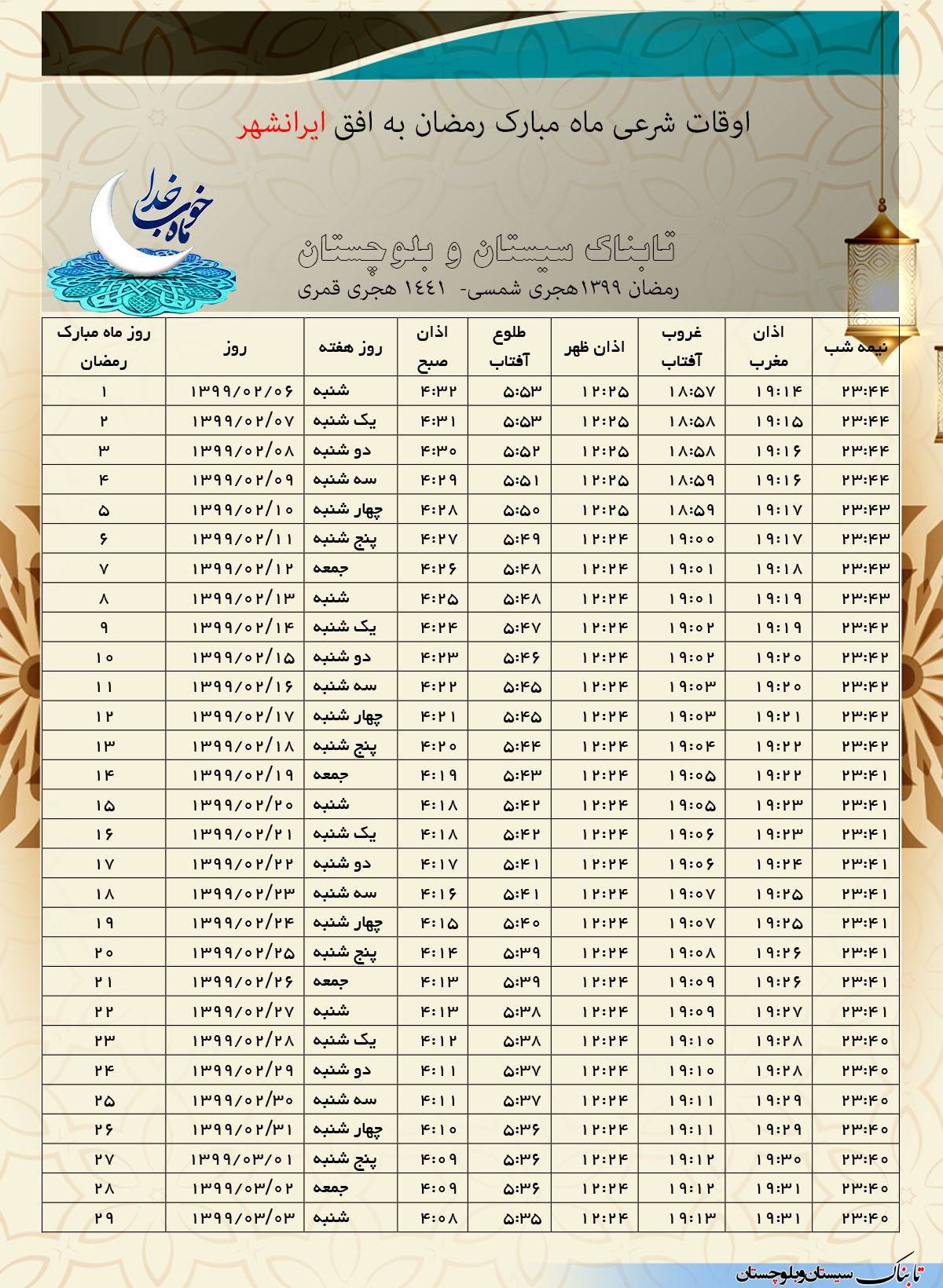 اوقات شرعی ماه مبارک رمضان 1398 به وقت شهرستان های استان سیستان و بلوچستان